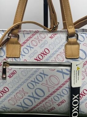XOXO White Satchel with Red and Blue Logo Print and Tan Handles